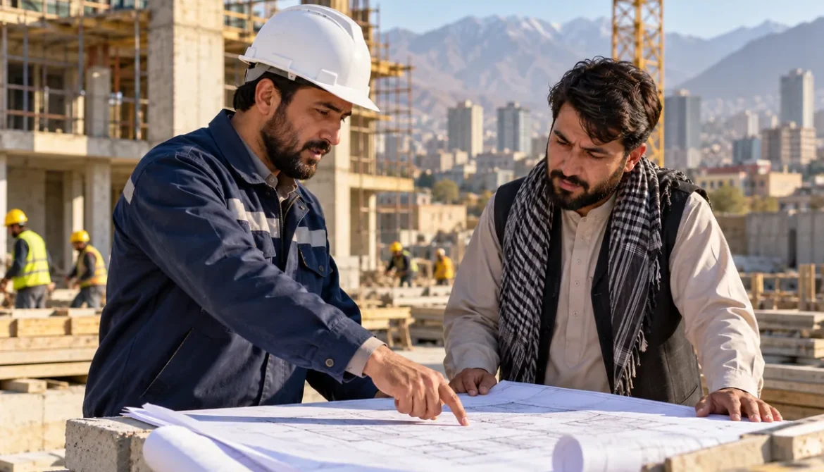 Illustrative construction engineers reviewing plans