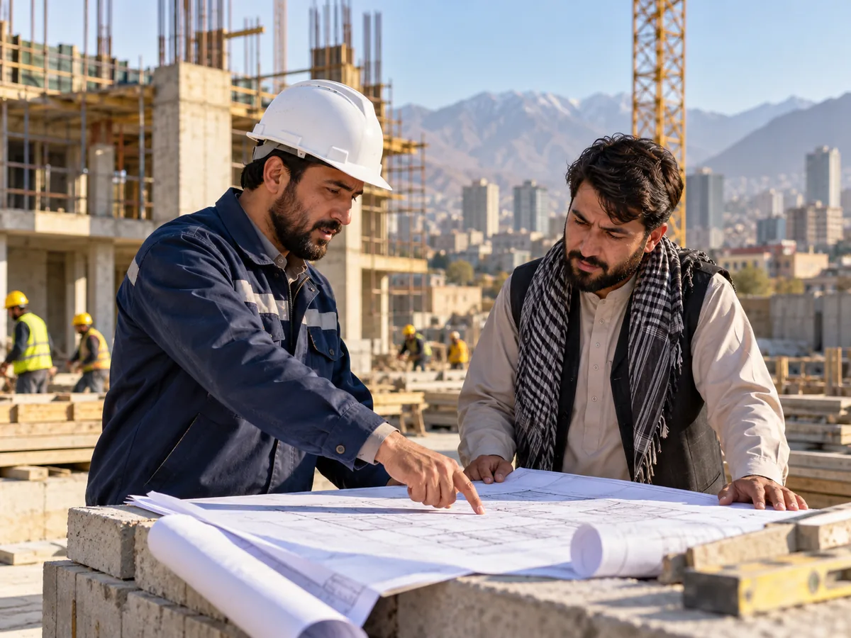 Illustrative construction engineers reviewing plans