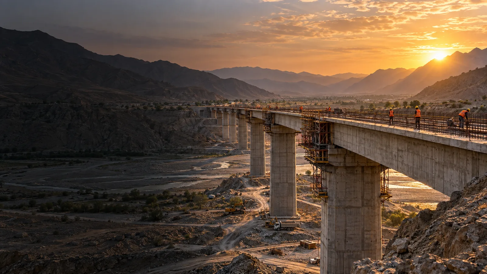 Illustrative bridge infrastructure construction scene